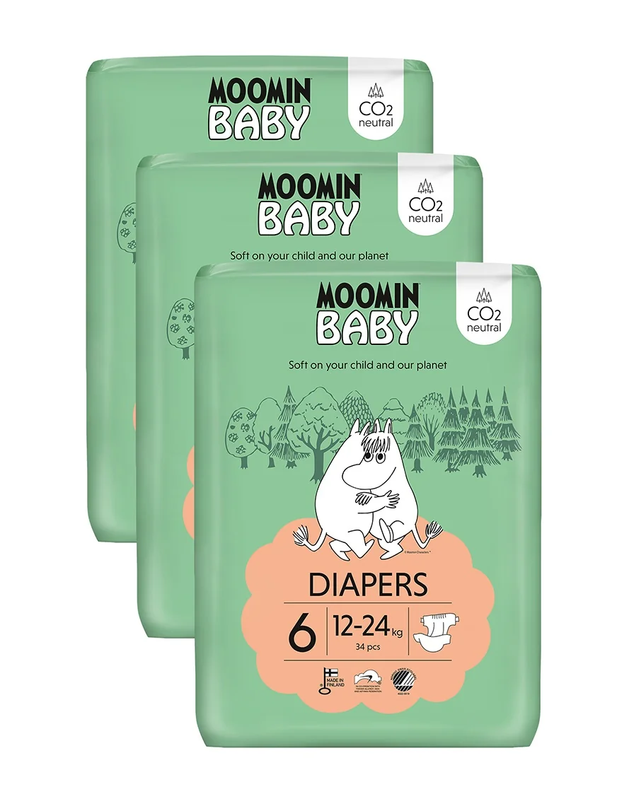 Moomin Baby 6 Maxi 12–24 kg měsíční balení eko plen 102 ks