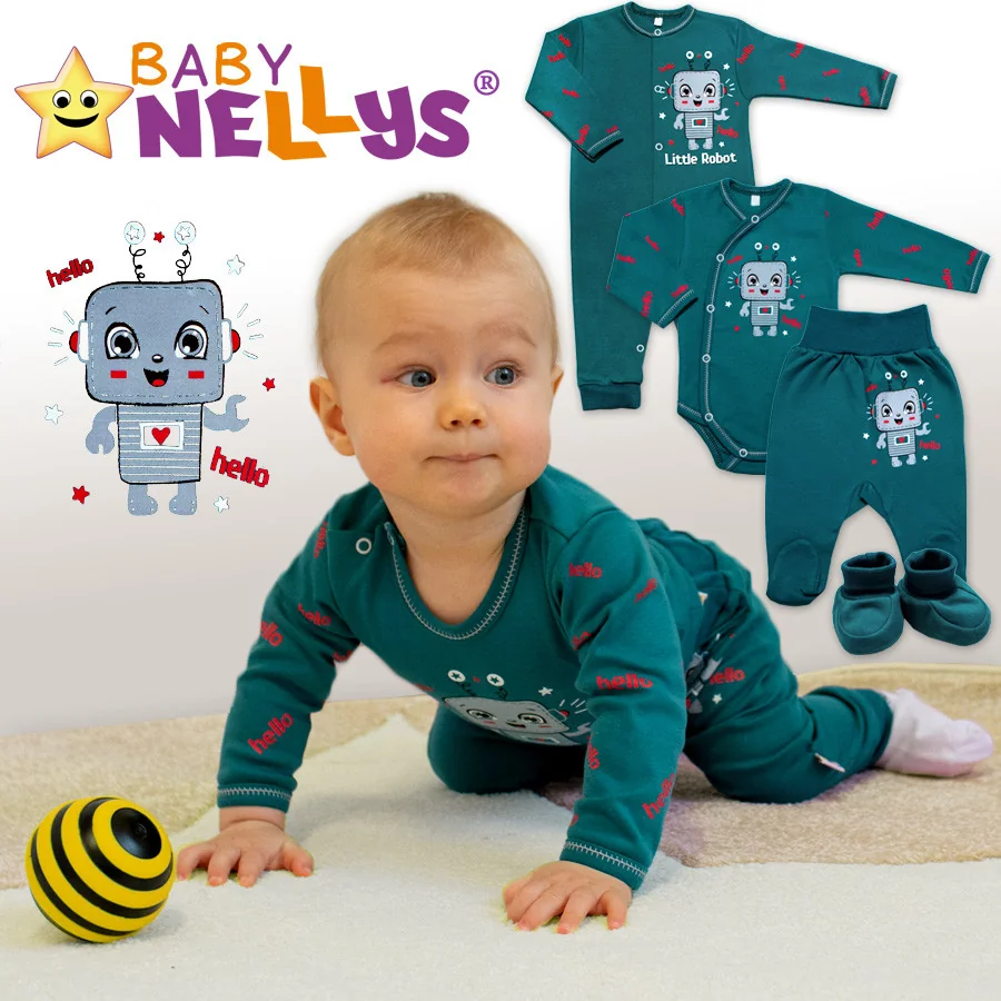 Baby Nellys Bavlněný kojenecký overal bez šlapek Little Robot, tmavě zelený, vel. 74 