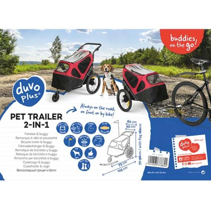 Duvo+ Pet trailer 2-in-1 Přívěs na kolo pro domácí zvířata a bugina v jednom do 