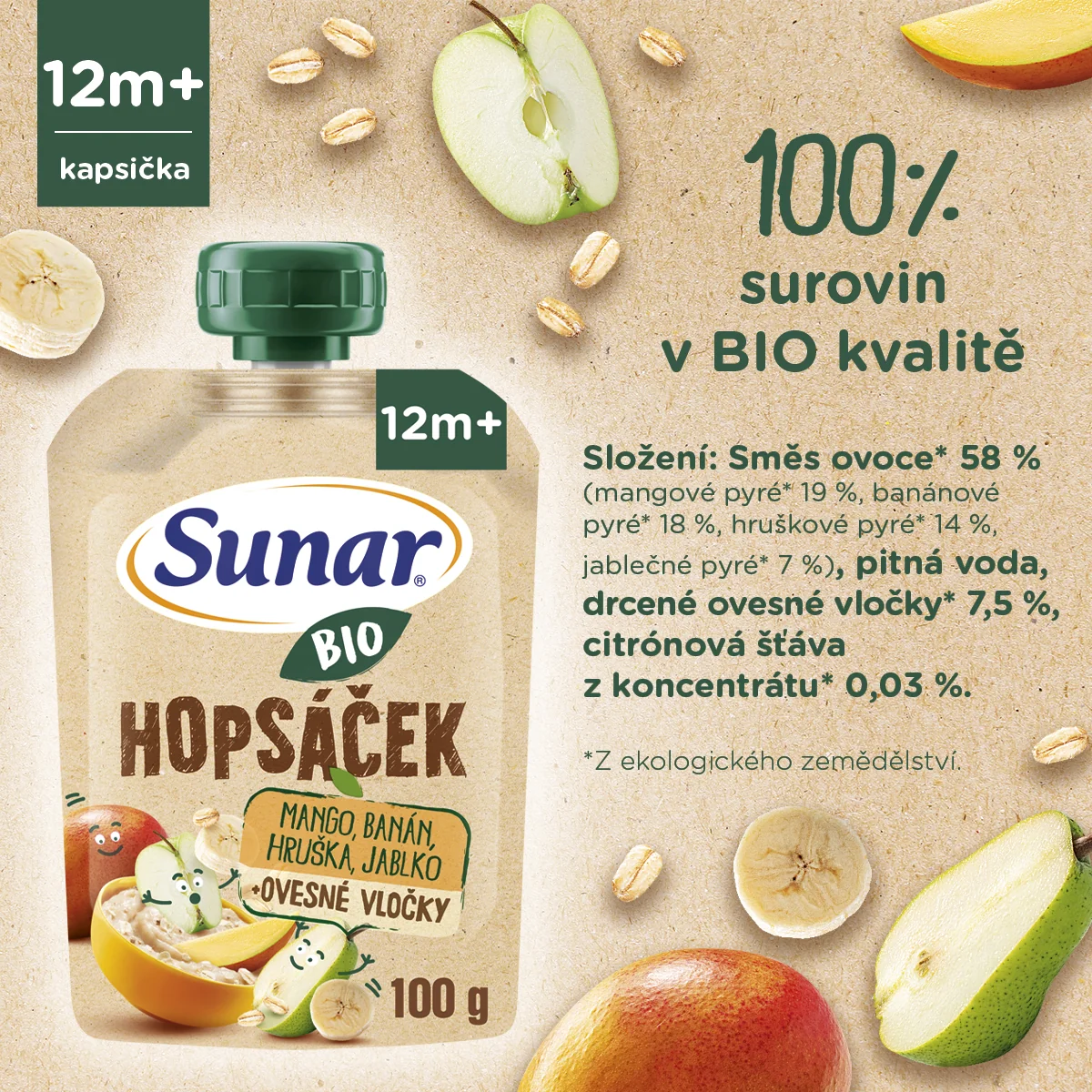 Sunar BIO Hopsáček Mango, banán, hruška, jablko, oves kapsička 100 g