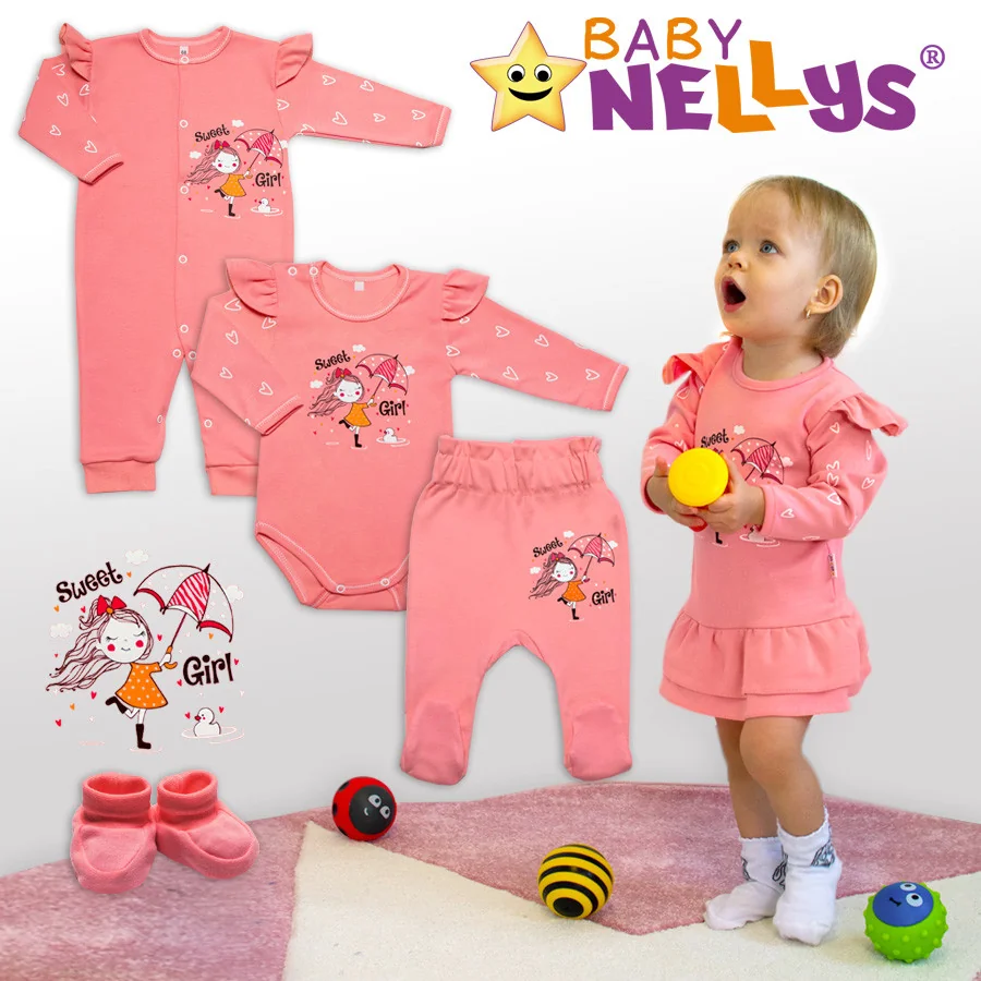 Baby Nellys Bavlněný kojenecký overal bez šlapek Sweet Girl, losos, meruňka 