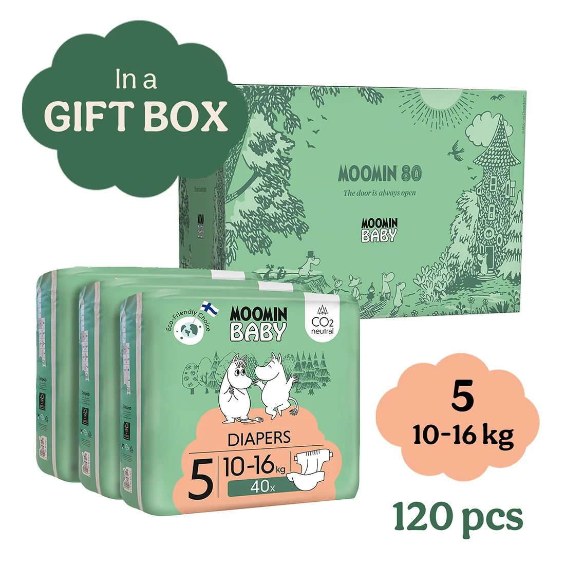 Moomin Baby 5 Maxi 10–16 kg eko pleny v dárkovém boxu 120 ks