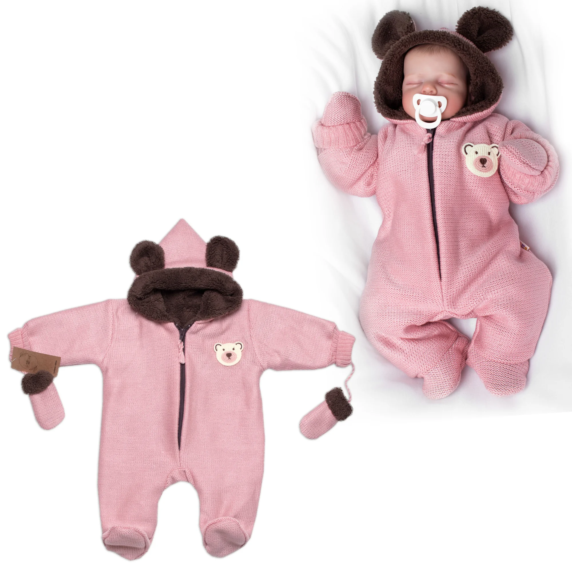 Baby Nellys Oteplená pletená kombinéza s rukavičkama Teddy Bear, dvouvrstvá,růžová,vel.62 