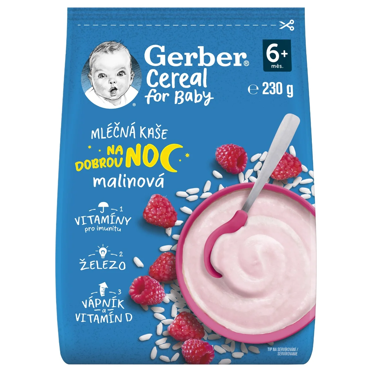 Gerber Cereal Mléčná kaše na dobrou noc malinová 6m+ 230 g