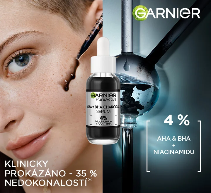 Garnier Pure Active AHA + BHA Charcoal sérum proti nedokonalostem. Klinicky prokázáno -35% nedokonalostí.