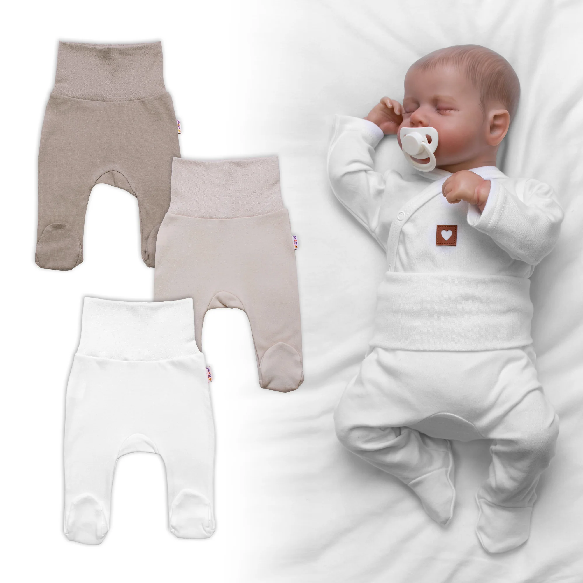 Baby Nellys Rostoucí výhodná sada, 3x polodupačky pro miminko Nature - béžová/taupe/bílá 