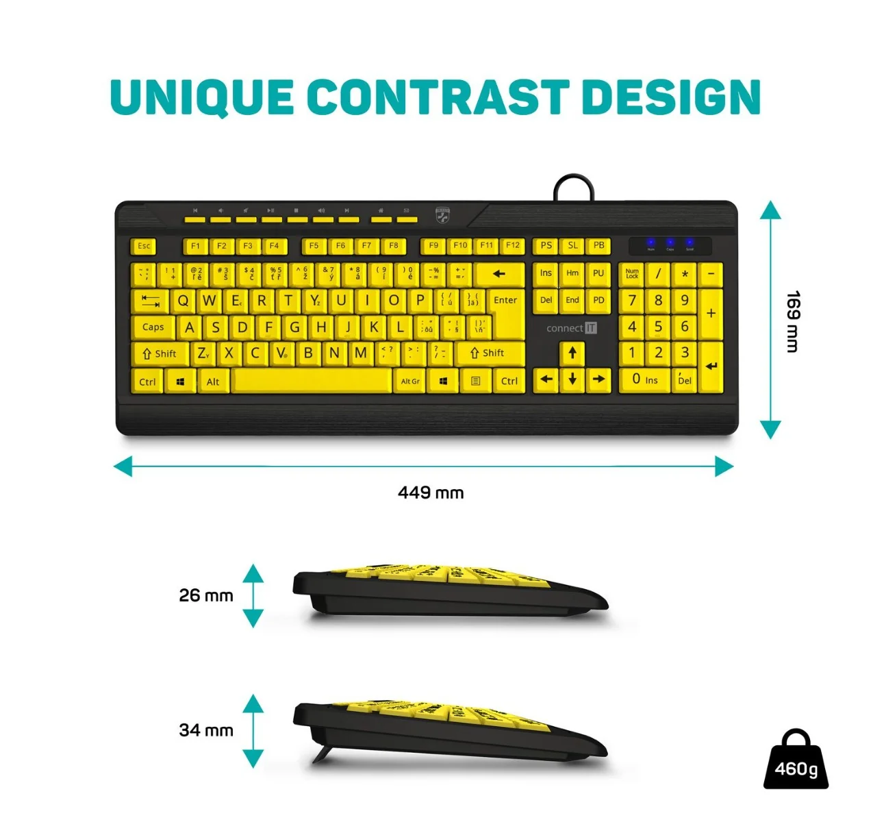 Connect IT For Health Contrast klávesnice s velkým fontem žlutá/černá