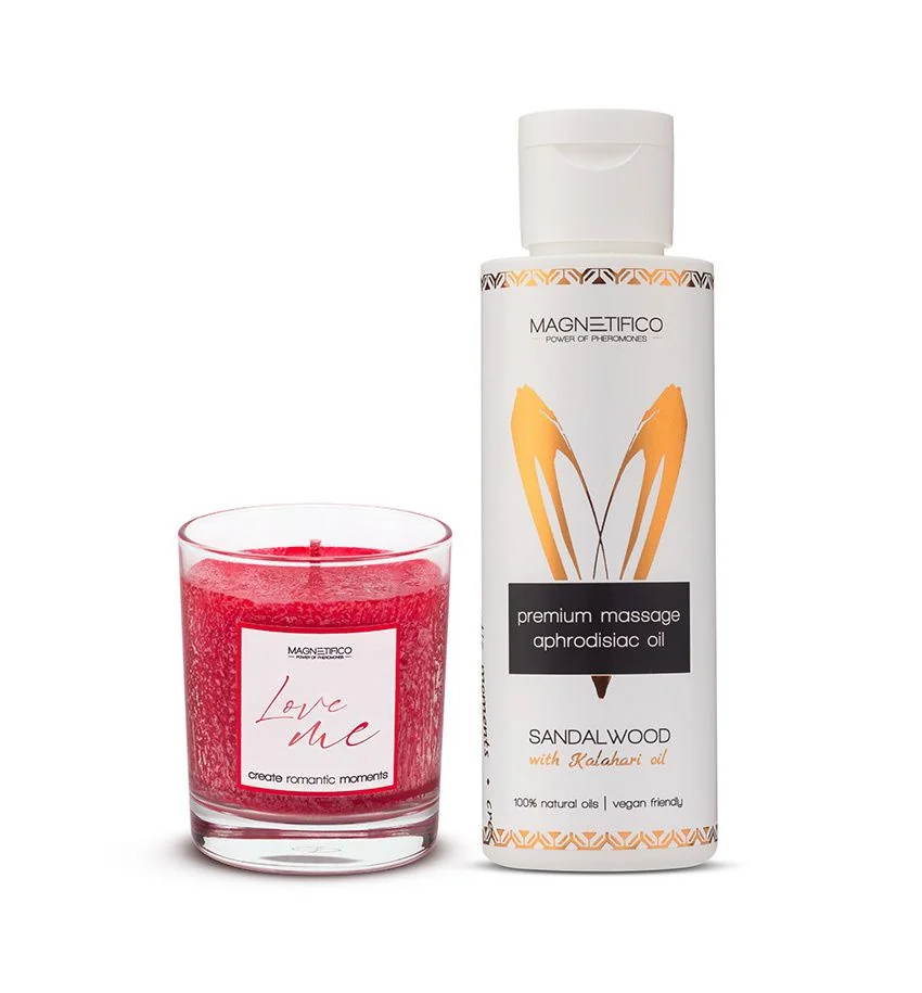 MAGNETIFICO Masážní olej Sandalwood 100 ml + vonná svíčka Love me 125 g