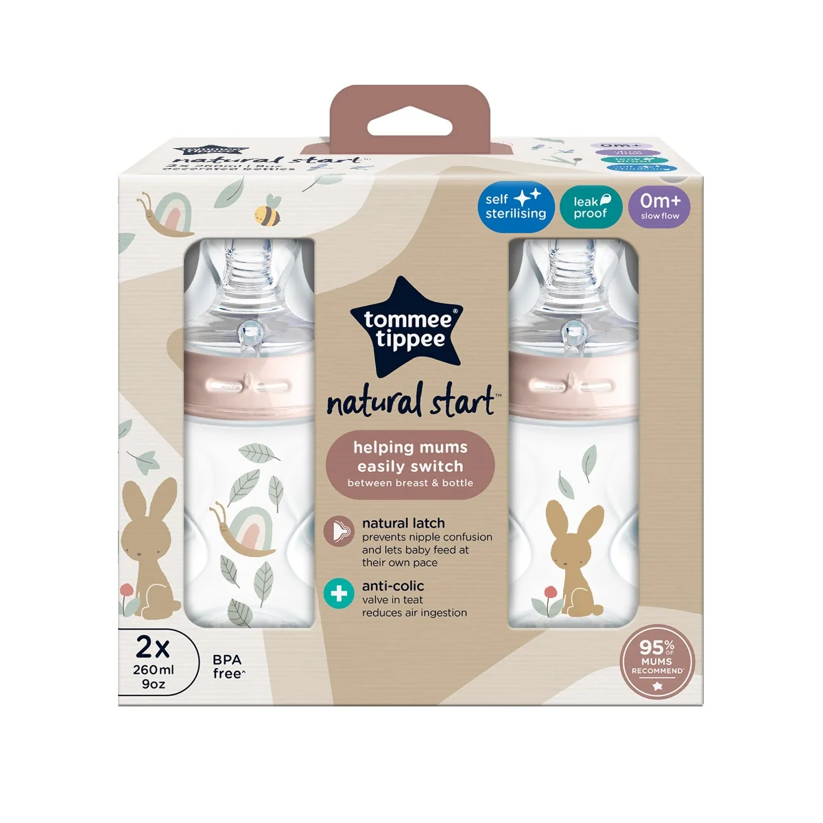 Tommee Tippee Natural Start Samosterilizační kojenecká lahev s Anti-Colic savičkou Pomalý průtok 0m+ 260 ml 2 ks růžová