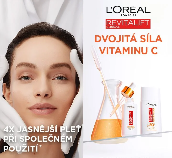 Loréal Revitalift, dvojitá síla vitaminu C. 4x jasnější pleť při společném použití. 