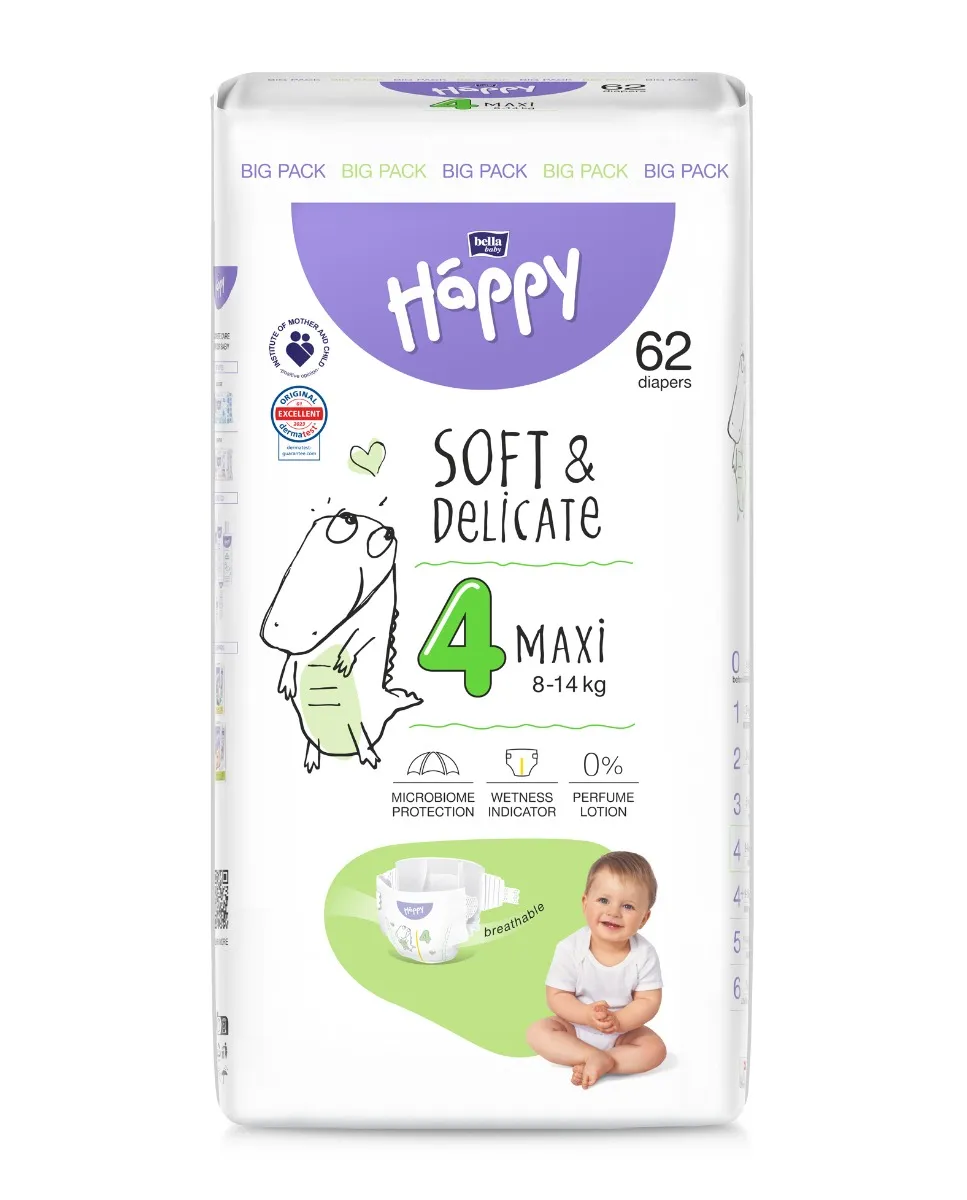 Bella Baby Happy Soft&Delicate 4 Maxi 8–14 kg dětské pleny 62 ks