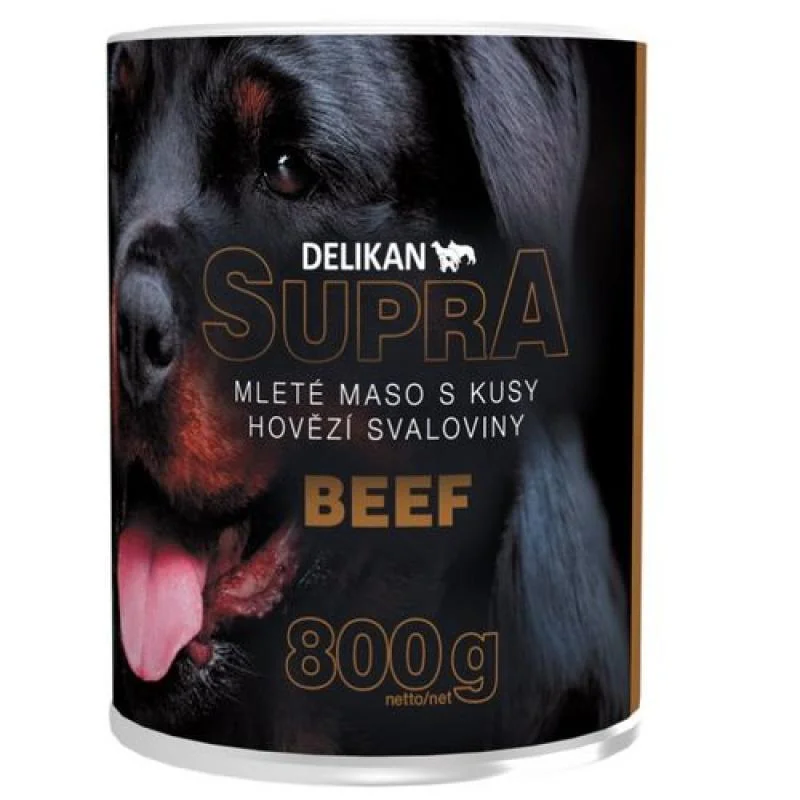 Delikan SUPRA DOG mleté hovězí maso s kousky hovězí svaloviny 800g konzerva pro psa 