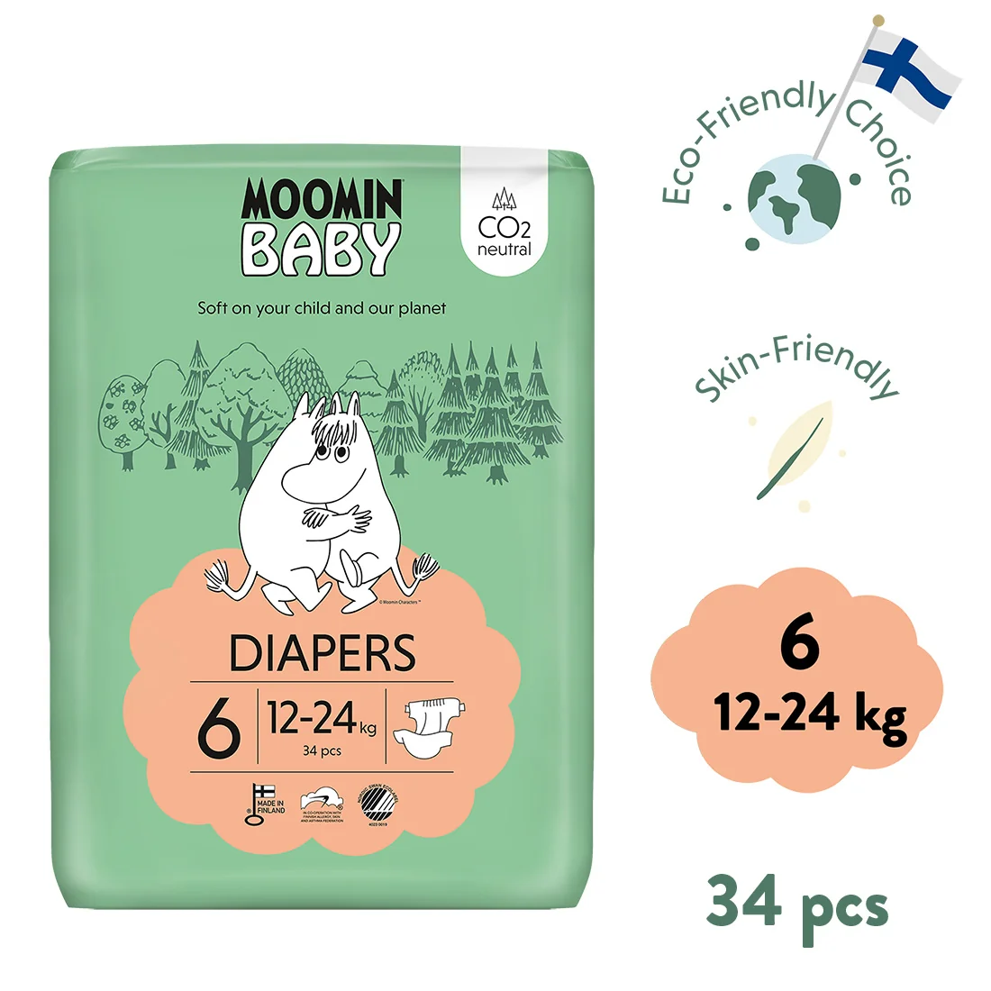 Moomin Baby 6 Maxi 12–24 kg eko pleny 34 ks