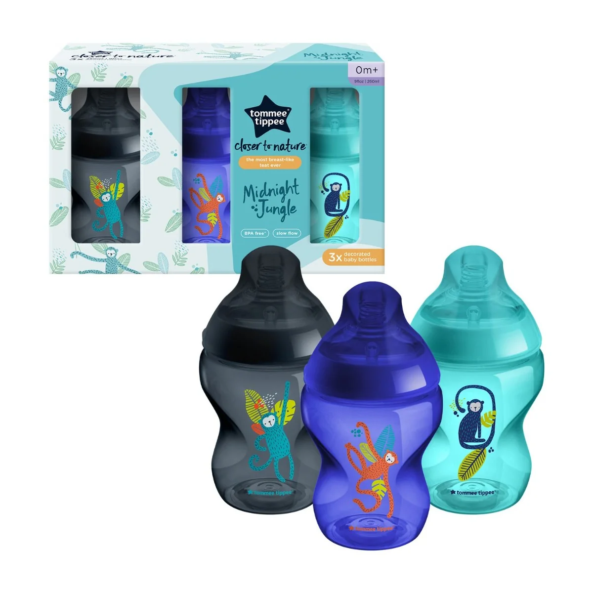 Tommee Tippee Kojenecká Lahev ANTI-COLIC Pomalý průtok Jungle Blues 0m+ 260 ml 3 ks