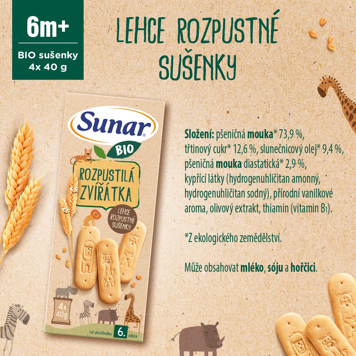 Sunar BIO Sušenky Rozpustilá zvířátka 6m+ 4x40 g