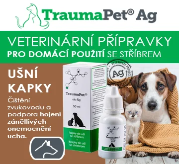 TraumaPet Ag Kapky do uší se stříbrem.  Veterinární přípravky pro domácí použití. Ušní kapky. Čištění zvukovodua podpora hojení zánětlivých onemocnění ucha.