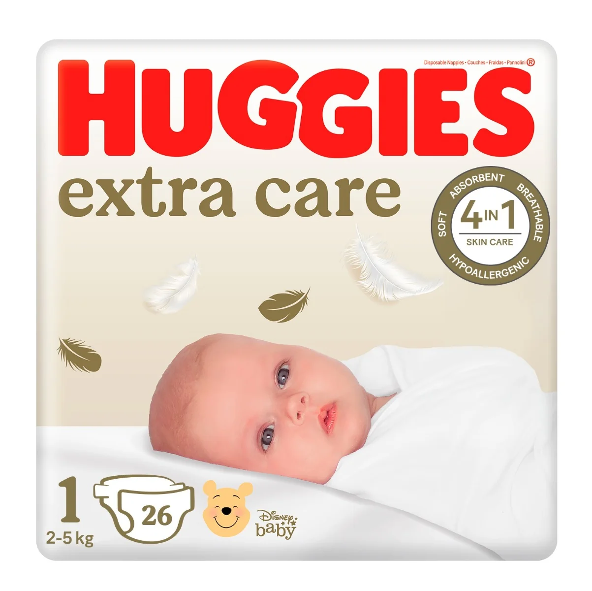 Huggies Extra Care 1 2–5 kg dětské pleny 26 ks