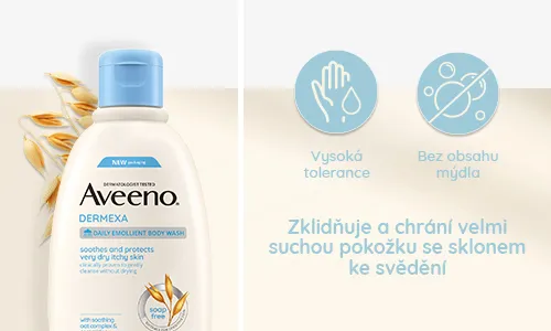 Dermexa sprchový gel od Aveeno zklidňuje a chrání velmi suchou pokožku náchylnou ke svědění