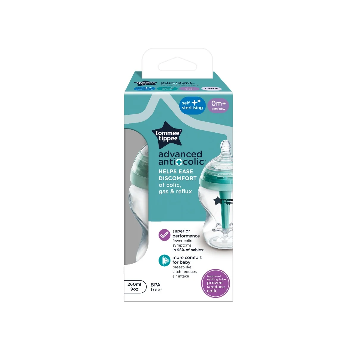 Tommee Tippee Advanced Anti-Colic Samosterilizační kojenecká lahev Pomalý Průtok 0m+ 260 ml 1 ks