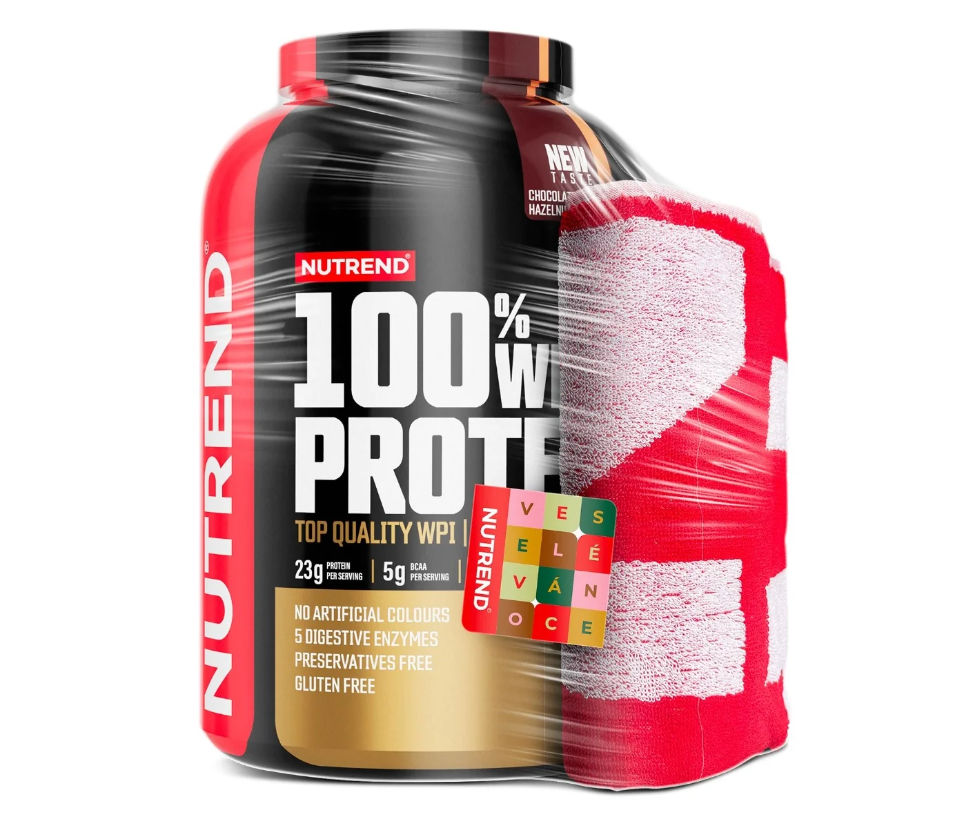 Nutrend 100% Whey Protein čokoláda + lískový ořech dárková sada 2250 g + ručník