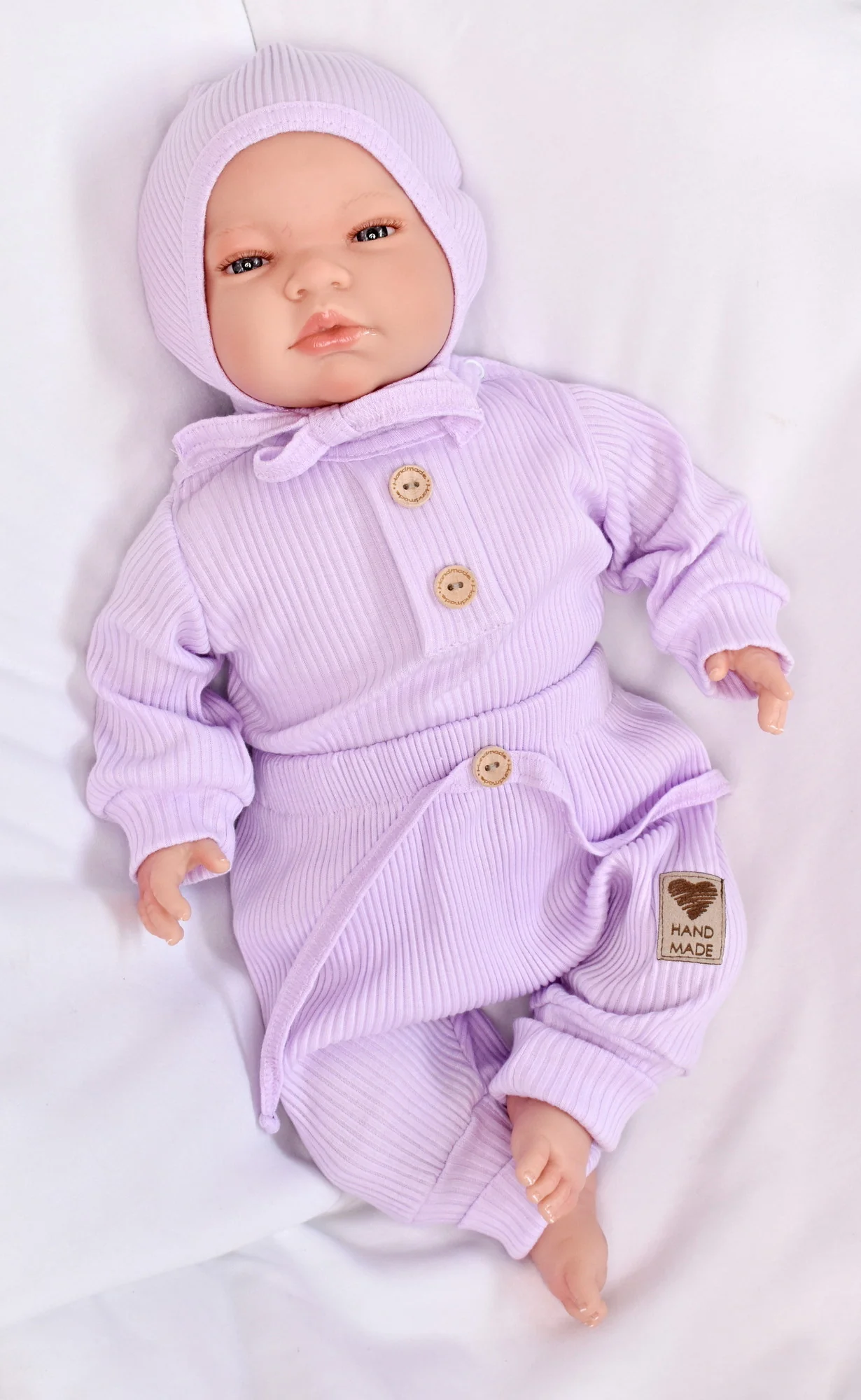 Baby Nellys 3-dílná žebrovaná soupr. Hand Made, body, tepláčky a čepička, lila,vel.68 