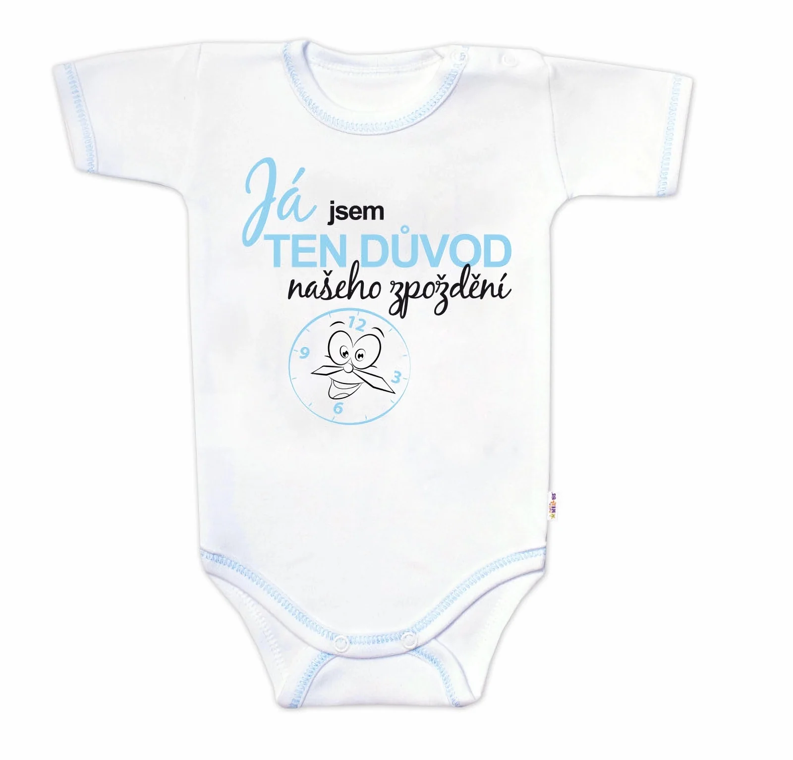 Baby Nellys Body kr. rukáv s vtip. textem , Já jsem TEN DŮVOD našeho zpoždění,vel. 80, kluk