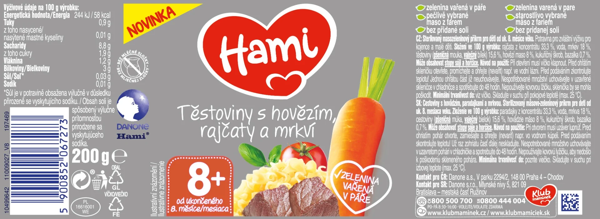 Hami Těstoviny s hovězím, rajčaty a mrkví 8m+ 200 g