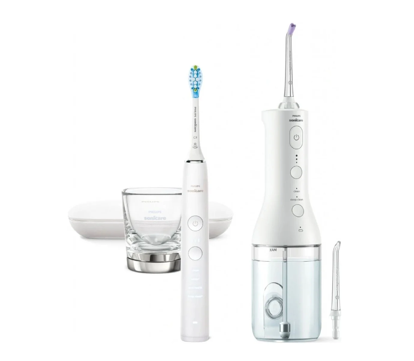 Philips Sonicare 9000 DiamondClean + PowerFlosser HX3886/41 sonický zubní kartáček + ústní sprcha 2 ks white