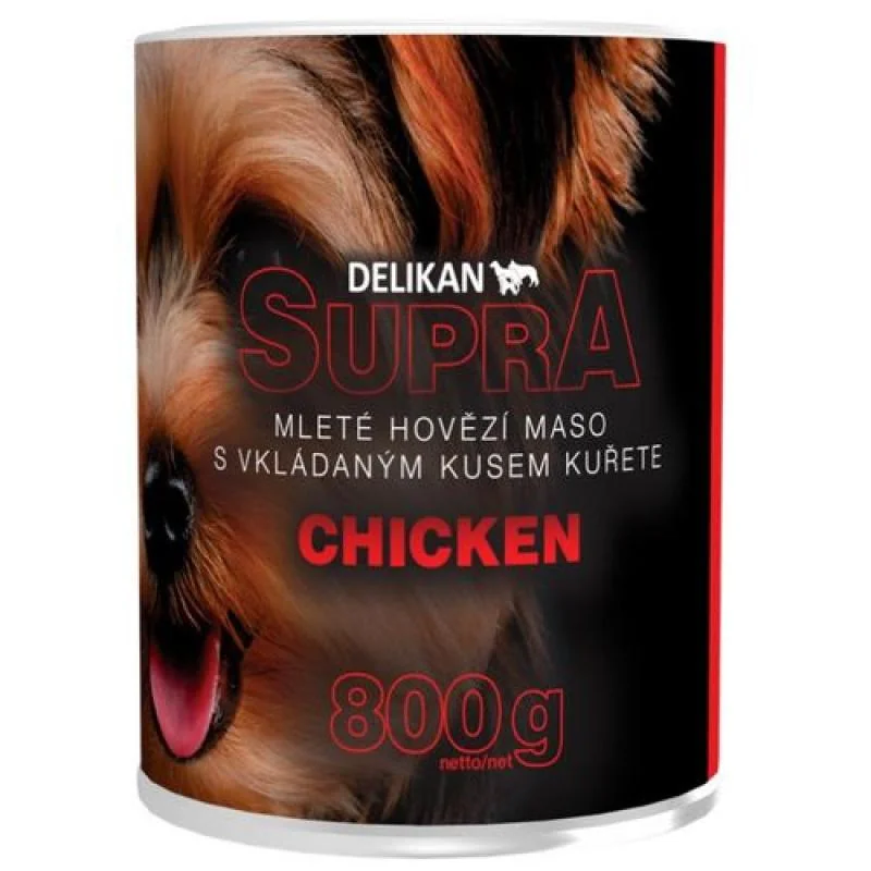 Delikan SUPRA DOG mleté hovězí maso s velkou porcí kuřete 800g konzerva pro psa 