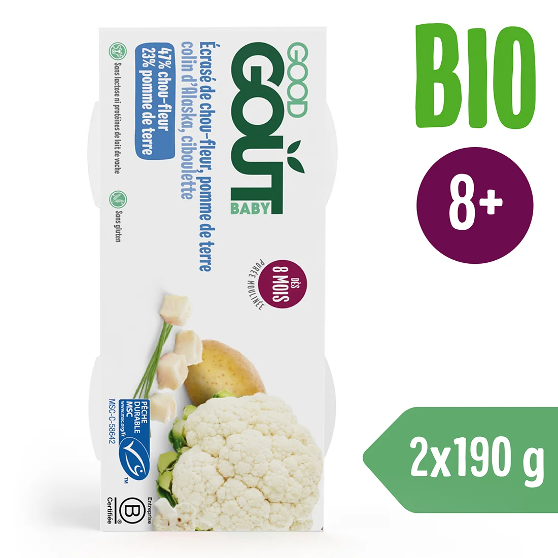 Good Gout BIO Treska pestrá s květákem a brambůrky 8m+ 2x190 g