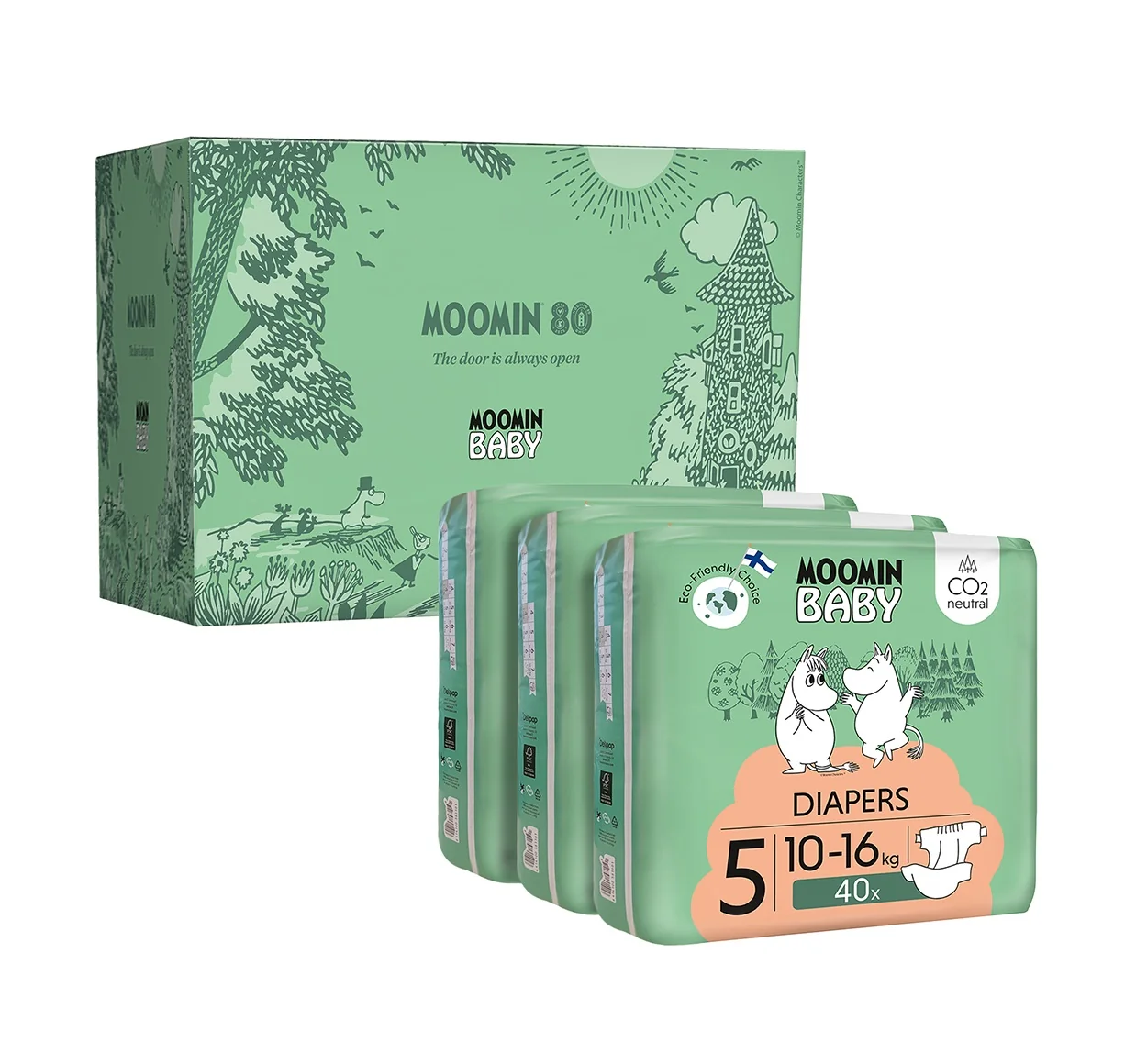 Moomin Baby 5 Maxi 10–16 kg eko pleny v dárkovém boxu 120 ks