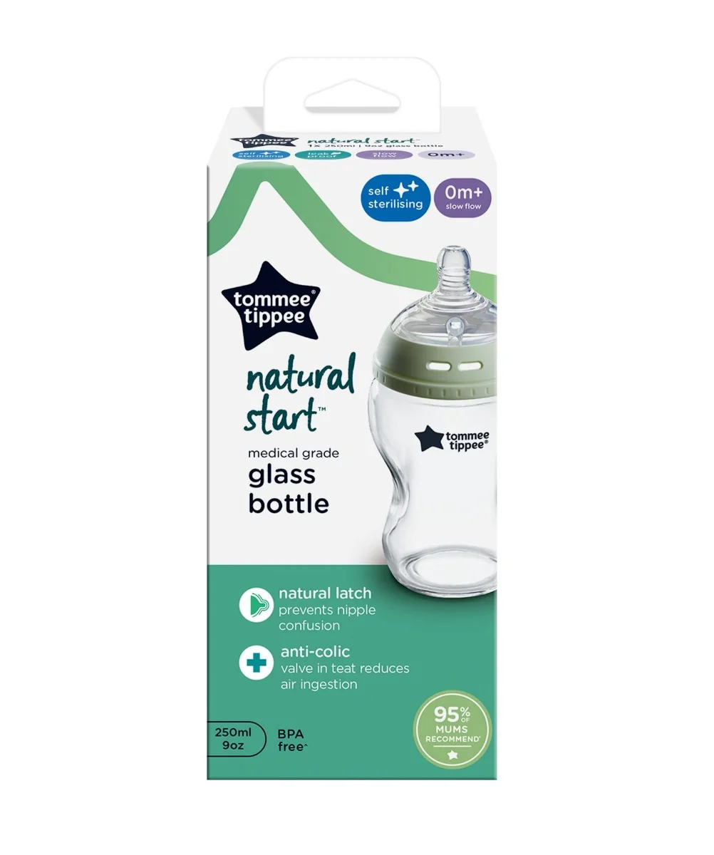 Tommee Tippee Natural Start Samosterilizační skleněná kojenecká lahev s Anti-Colic savičkou Pomalý průtok 0m+ 250 ml 1 ks