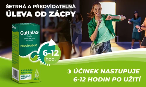 Guttalax kapky. Šetrná a předvídatelná úleva od zácpy. Účinek nastupuje 6–12 hodin po užití