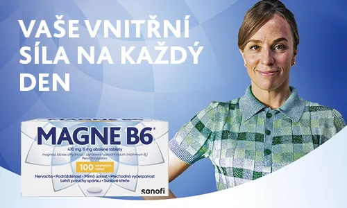 Magne B6® 470 mg/5 mg 100 tablet. Obsahuje kombinaci hořčíku a vitaminu B6