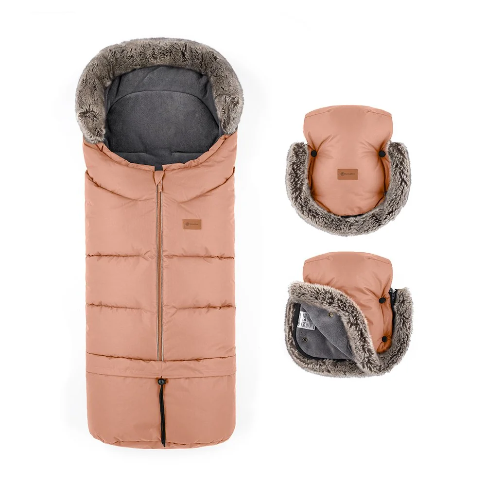 Petite&Mars Set zimní fusak Arctic 4v1 + rukavice na kočárek Furry Pastel Peach 