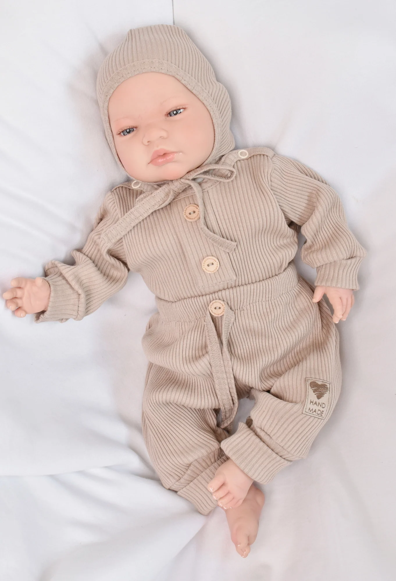 Baby Nellys 3-dílná žebrovaná soupr. Hand Made, body, tepláčky a čepička, béžová, vel. 68 vel.  68