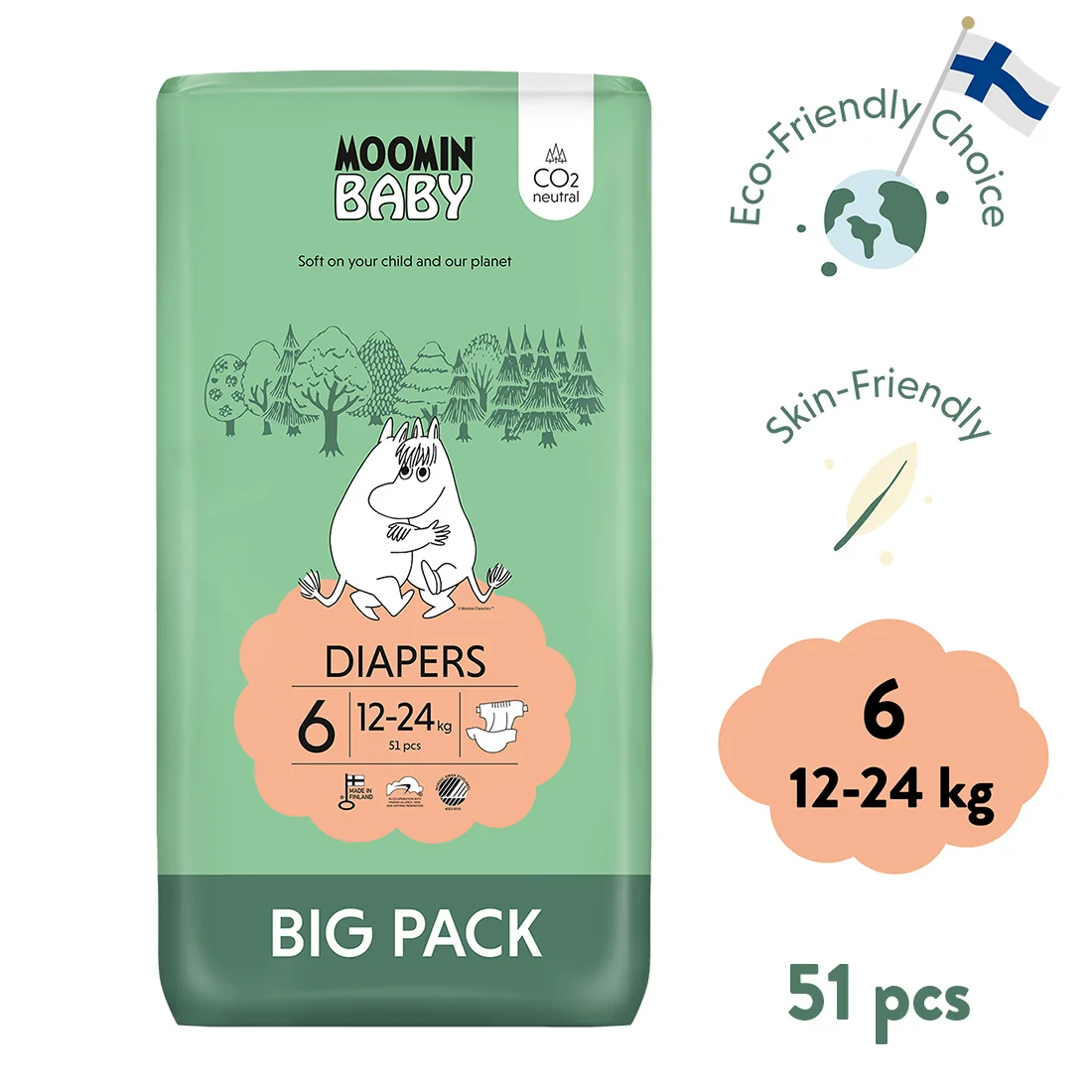 Moomin Baby 6 Maxi 12–24 kg eko pleny 51 ks