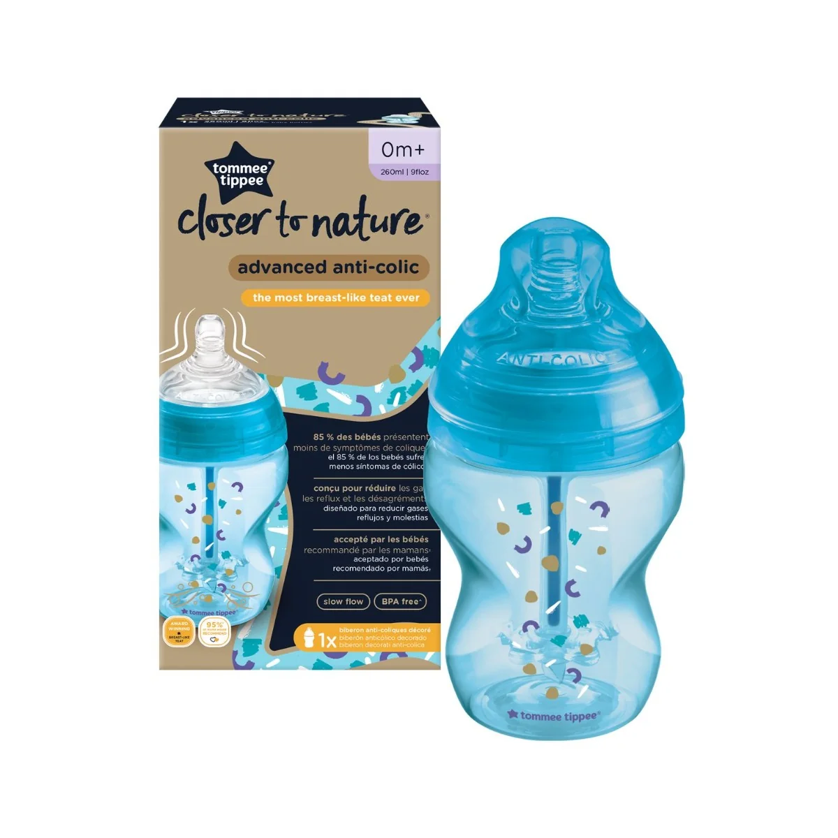 Tommee Tippee Kojenecká lahev ADVANCED ANTI-COLIC Pomalý průtok 0m+ 260 ml 1 ks modrá