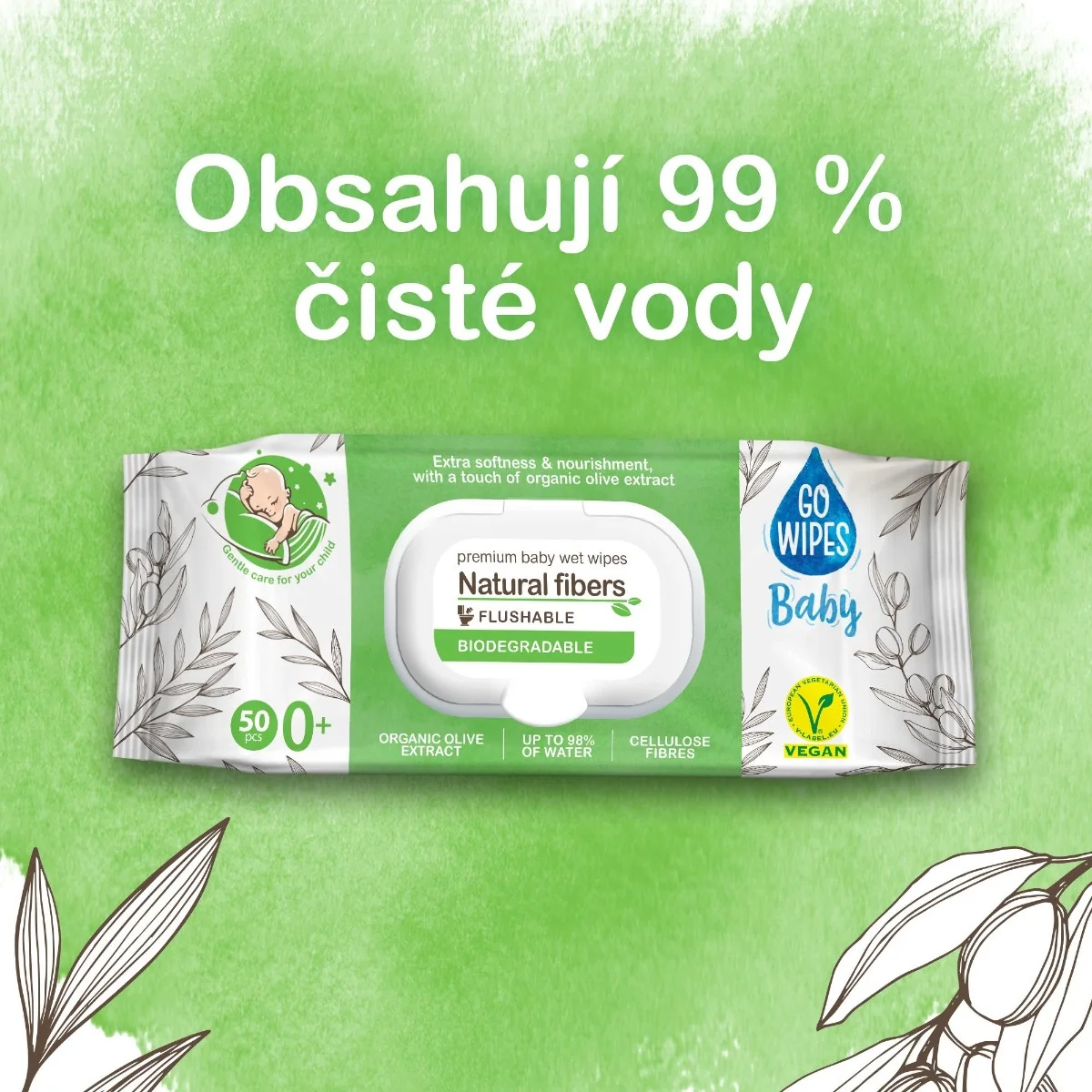 GoWipes Dětské vlhčené ubrousky 99 % vody Plastic Free 50 ks