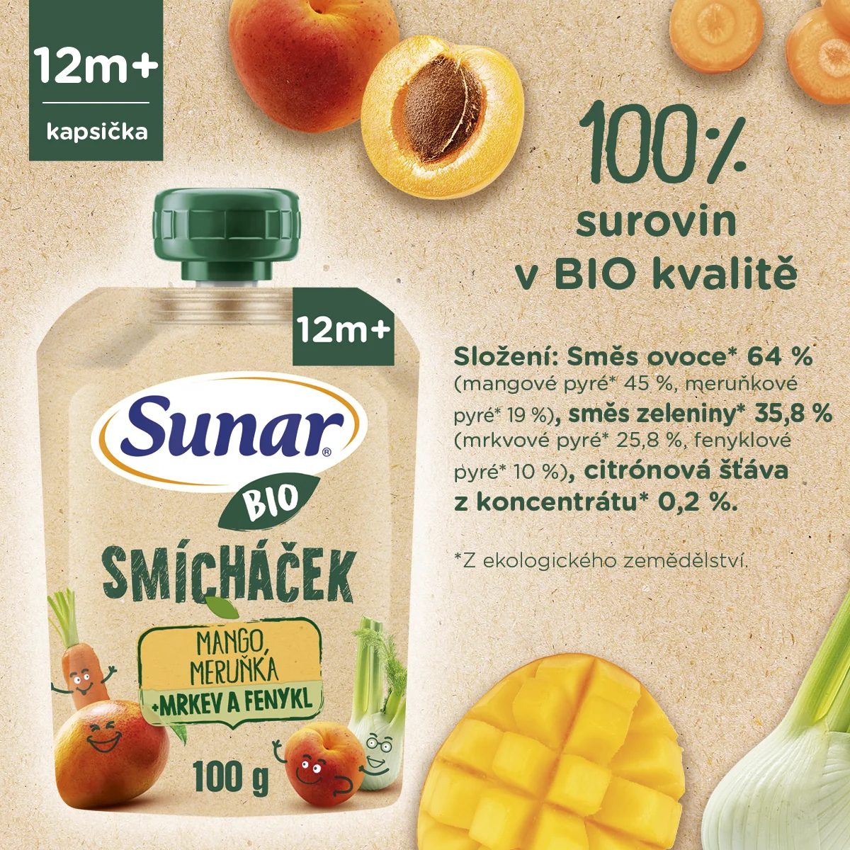 Sunar BIO Smícháček Mango, meruňka, mrkev, fenykl kapsička 100 g