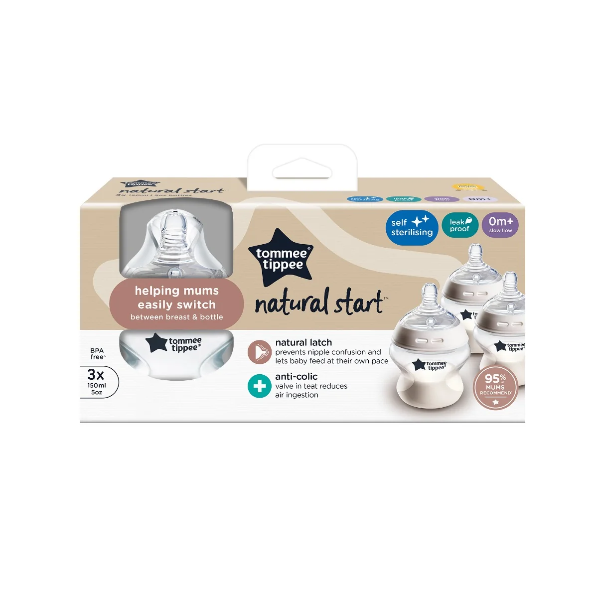 Tommee Tippee Natural Start Samosterilizační kojenecká lahev s Anti-Colic savičkou Pomalý průtok 0m+ 150 ml 3 ks