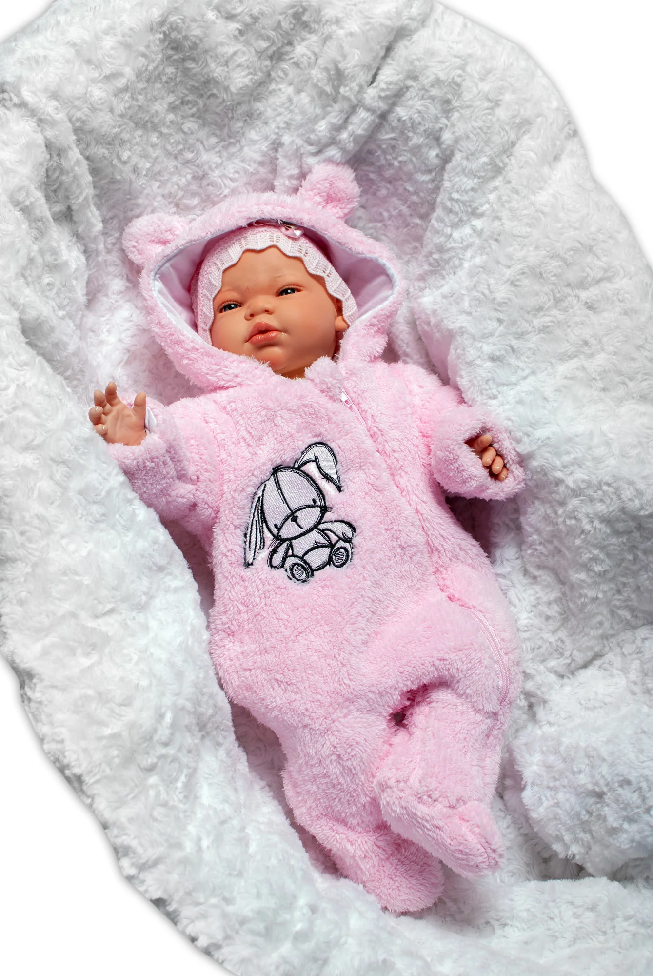 Baby Nellys Chlupáčkový overálek s kapucí, Cute Bunny - světle růžový, vel. 68 vel.  68