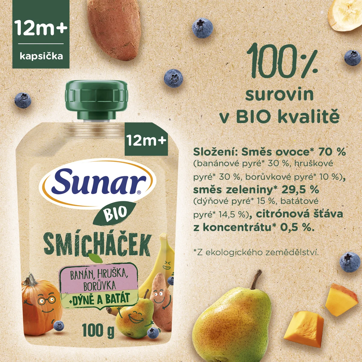 Sunar BIO Smícháček Banán, hruška, borůvka, dýně, batát kapsička 100 g