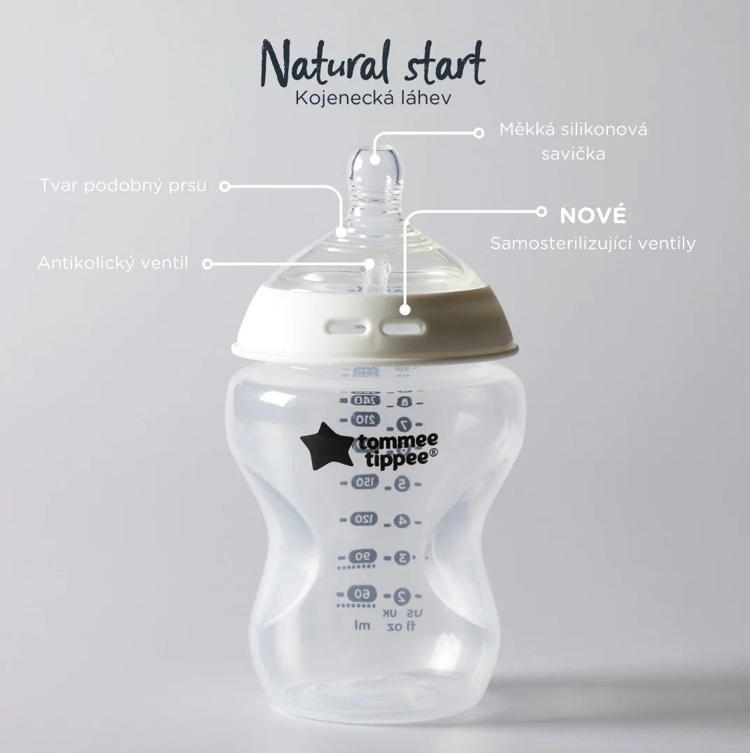 Tommee Tippee Natural Start Samosterilizační kojenecká lahev s Anti-Colic savičkou Střední průtok 3m+ 340 ml 2 ks