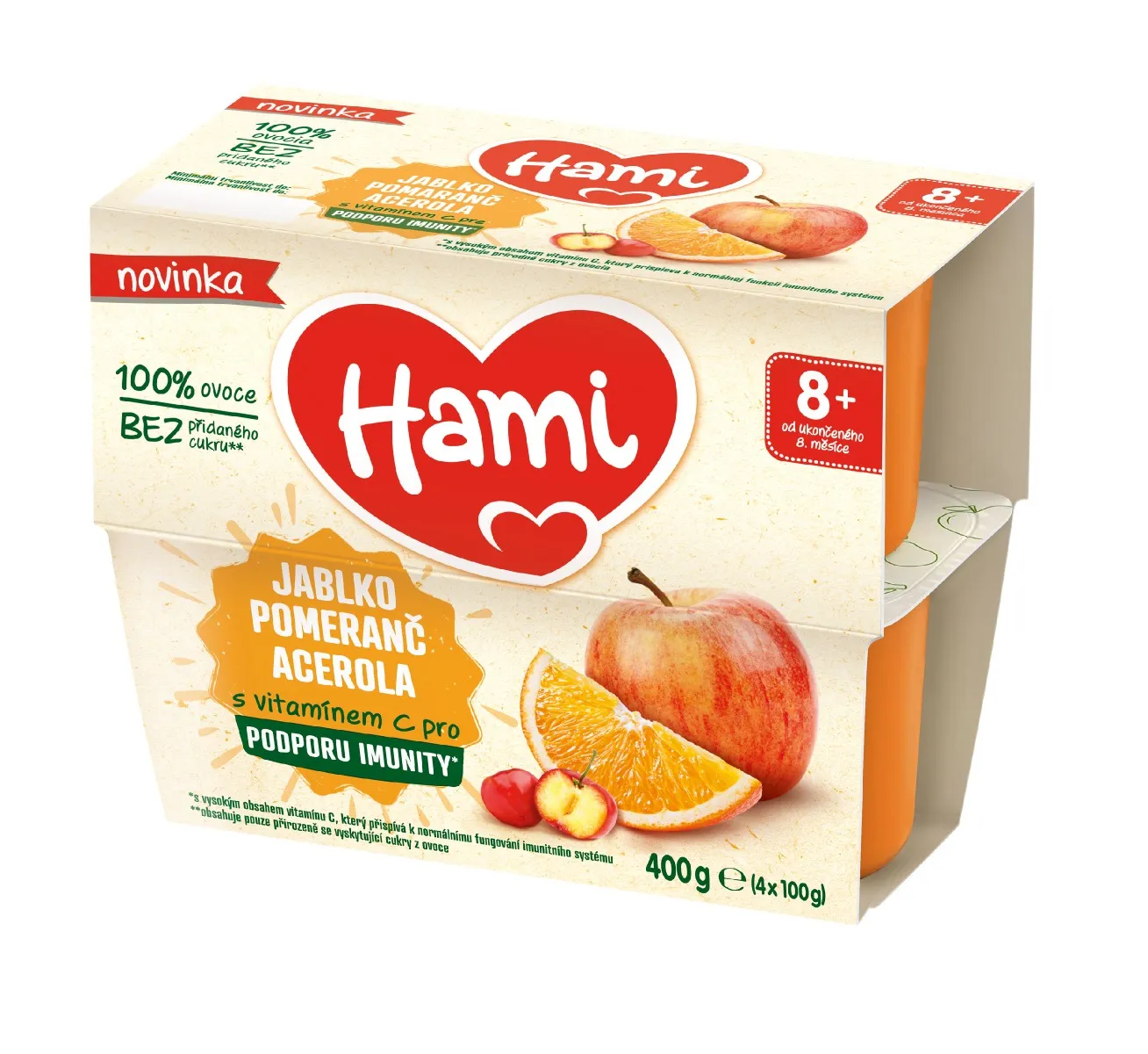 Hami 100% ovoce Jablko pomeranč a acerola 8m+ 4x100 g