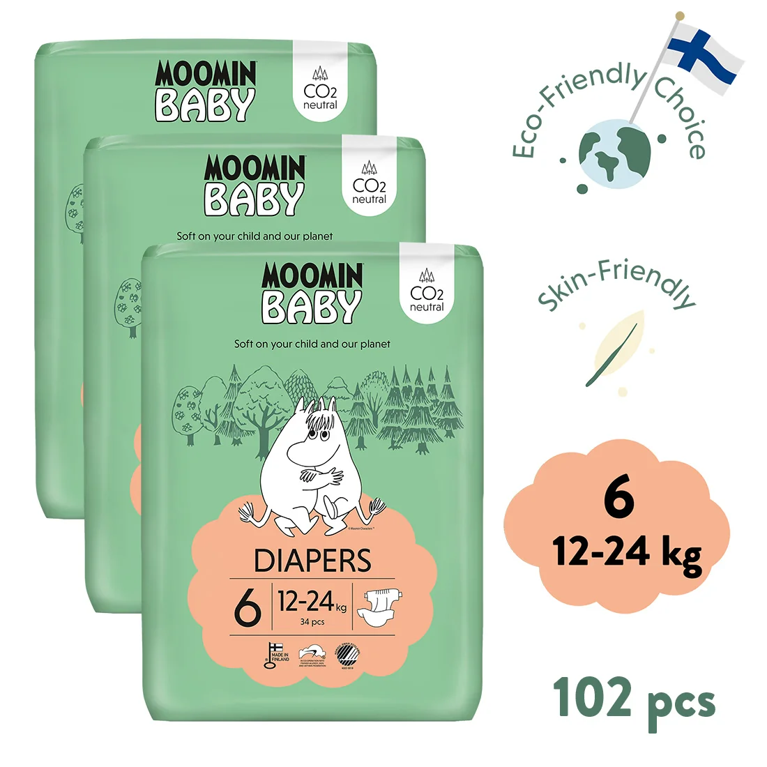 Moomin Baby 6 Maxi 12–24 kg měsíční balení eko plen 102 ks