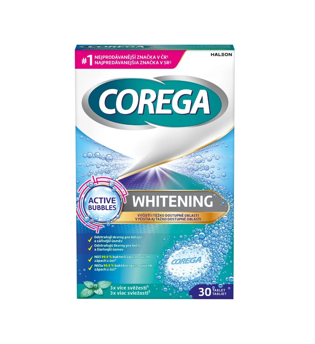 Corega Whitening Antibakteriální tablety 30 ks