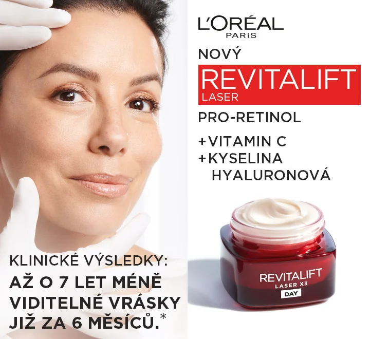 Nový Revitalift Laser. Pro-retinol, vitamin C, kyselina hyaluronová. Klinické výsledky – až o 7 let méně viditelné vrásky již za 6 měsíců.