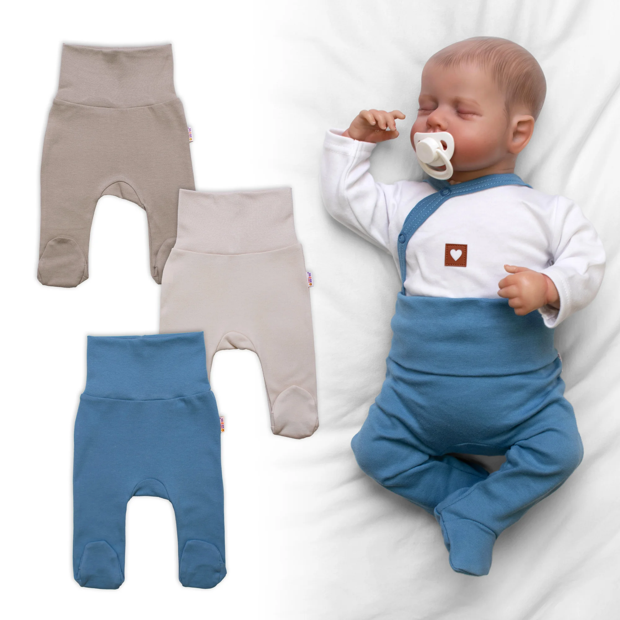 Baby Nellys Rostoucí výhodná sada, 3x polodupačky pro miminko Nature - modrá/béžová/taupe 