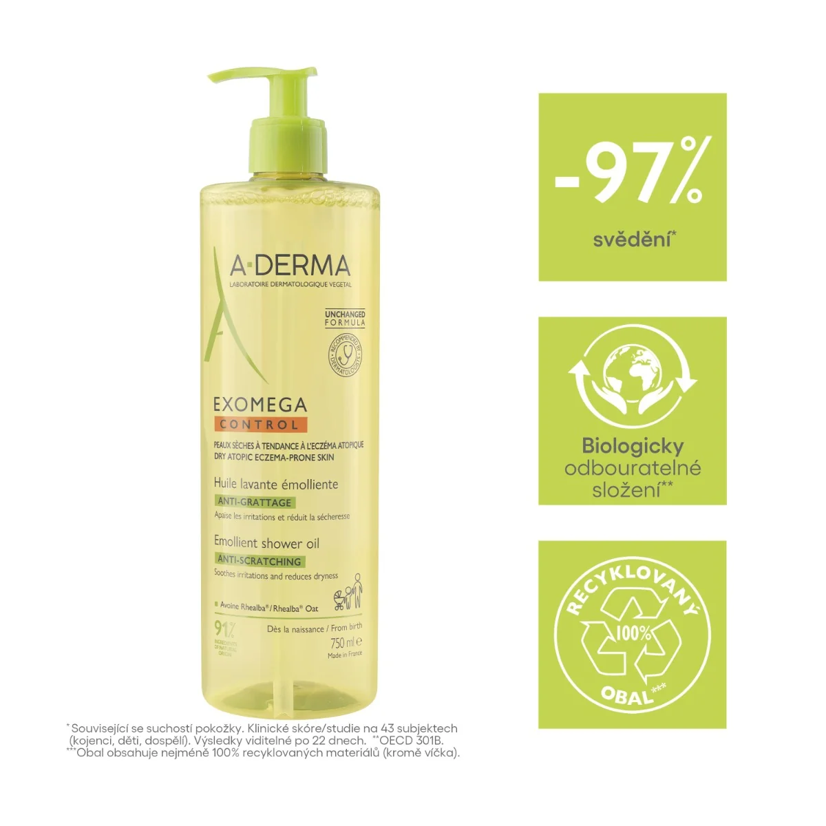 A-Derma Exomega Control Zvláčňující sprchový olej 750 ml